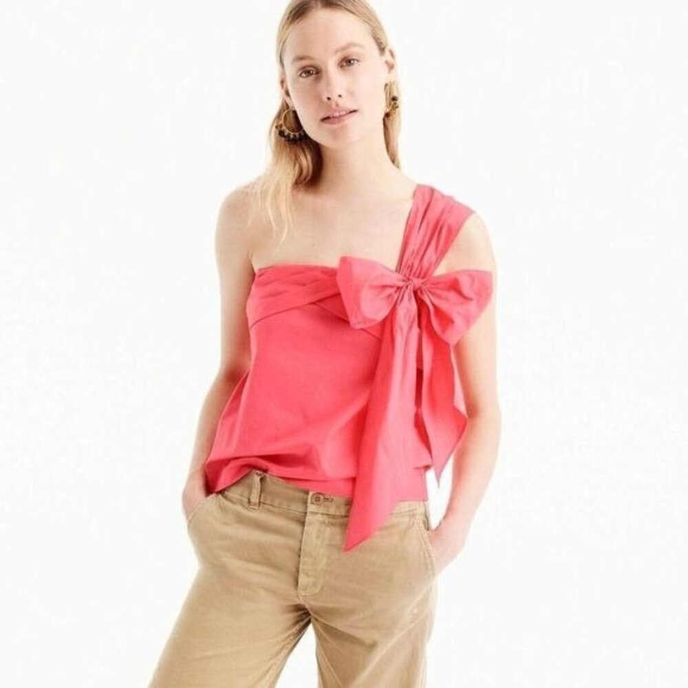 J.Crew Womens One-Shoulder Red Bow Top Size‎ 4 Cotton